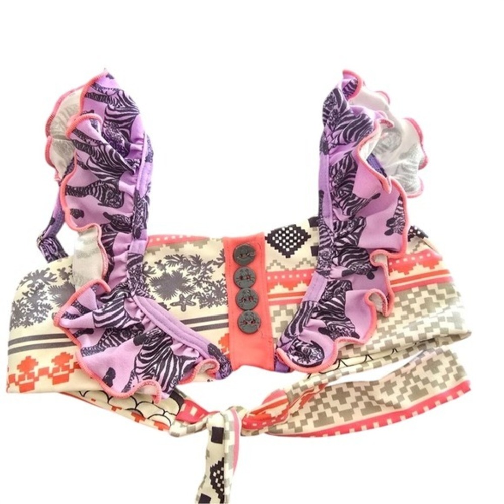 MAAJI Zebra Print Ruffle Bikini Top‎ Purple Coral Geometric Crab Buttons XS